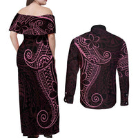 Black Pink Polynesian Tribal Couples Matching Off Shoulder Maxi Dress and Long Sleeve Button Shirt - Polynesian Pride