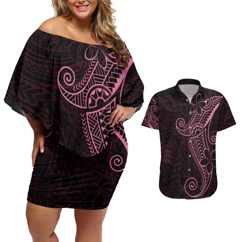 Black Pink Polynesian Tribal Couples Matching Off Shoulder Short Dress and Hawaiian Shirt - Polynesian Pride