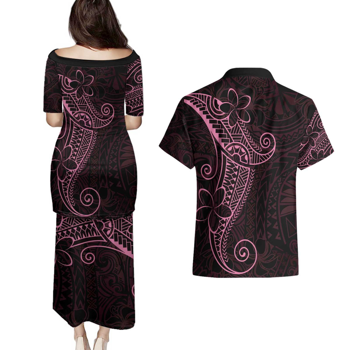 Black Pink Polynesian Tribal Couples Matching Puletasi and Hawaiian Shirt - Polynesian Pride
