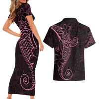 Black Pink Polynesian Tribal Couples Matching Short Sleeve Bodycon Dress and Hawaiian Shirt - Polynesian Pride