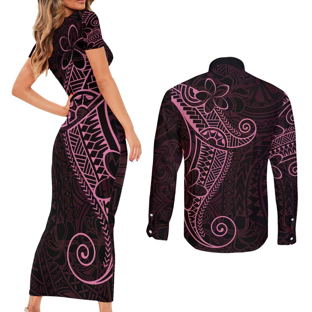Black Pink Polynesian Tribal Couples Matching Short Sleeve Bodycon Dress and Long Sleeve Button Shirt LT9 - Polynesian Pride