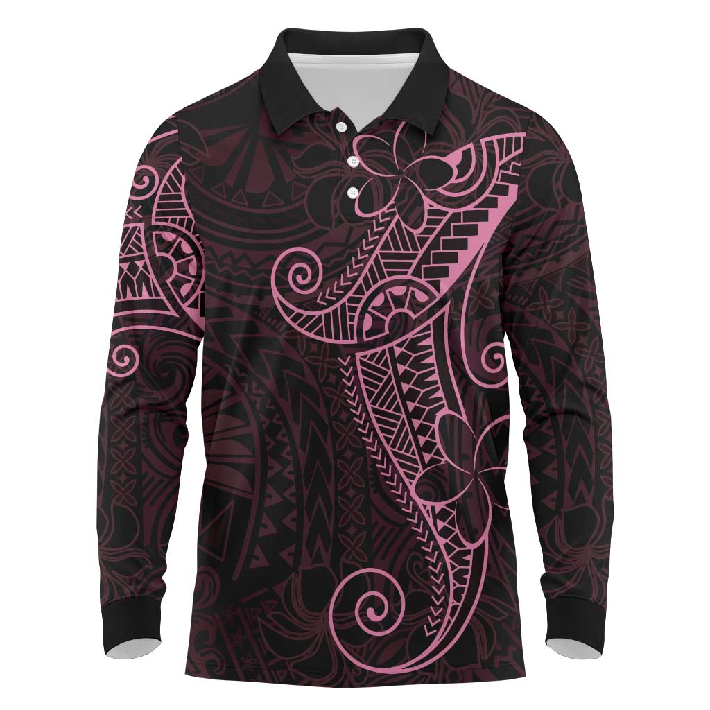 Black Pink Polynesian Tribal Long Sleeve Polo Shirt - Polynesian Pride