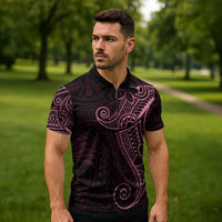 Black Pink Polynesian Tribal Zipper Polo Shirt - Polynesian Pride
