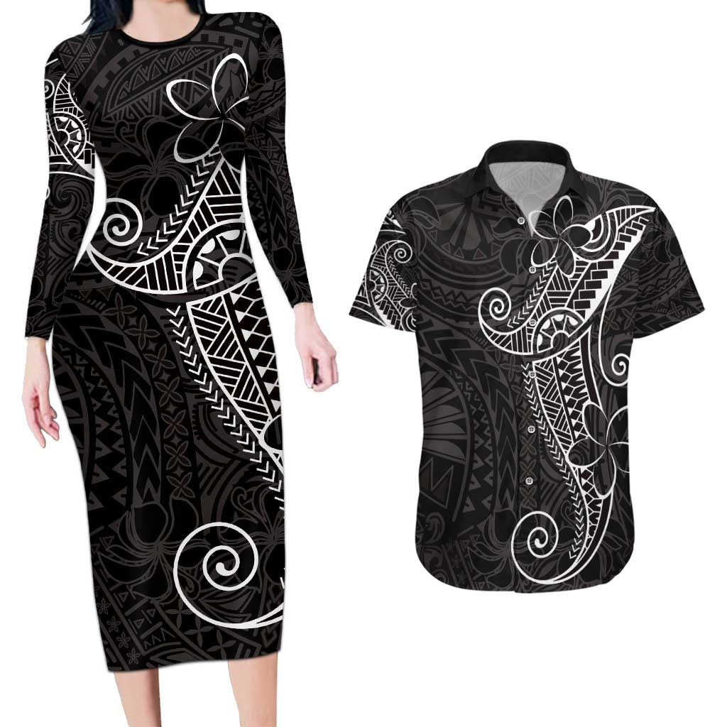 Black White Polynesian Tribal Couples Matching Long Sleeve Bodycon Dress and Hawaiian Shirt - Polynesian Pride