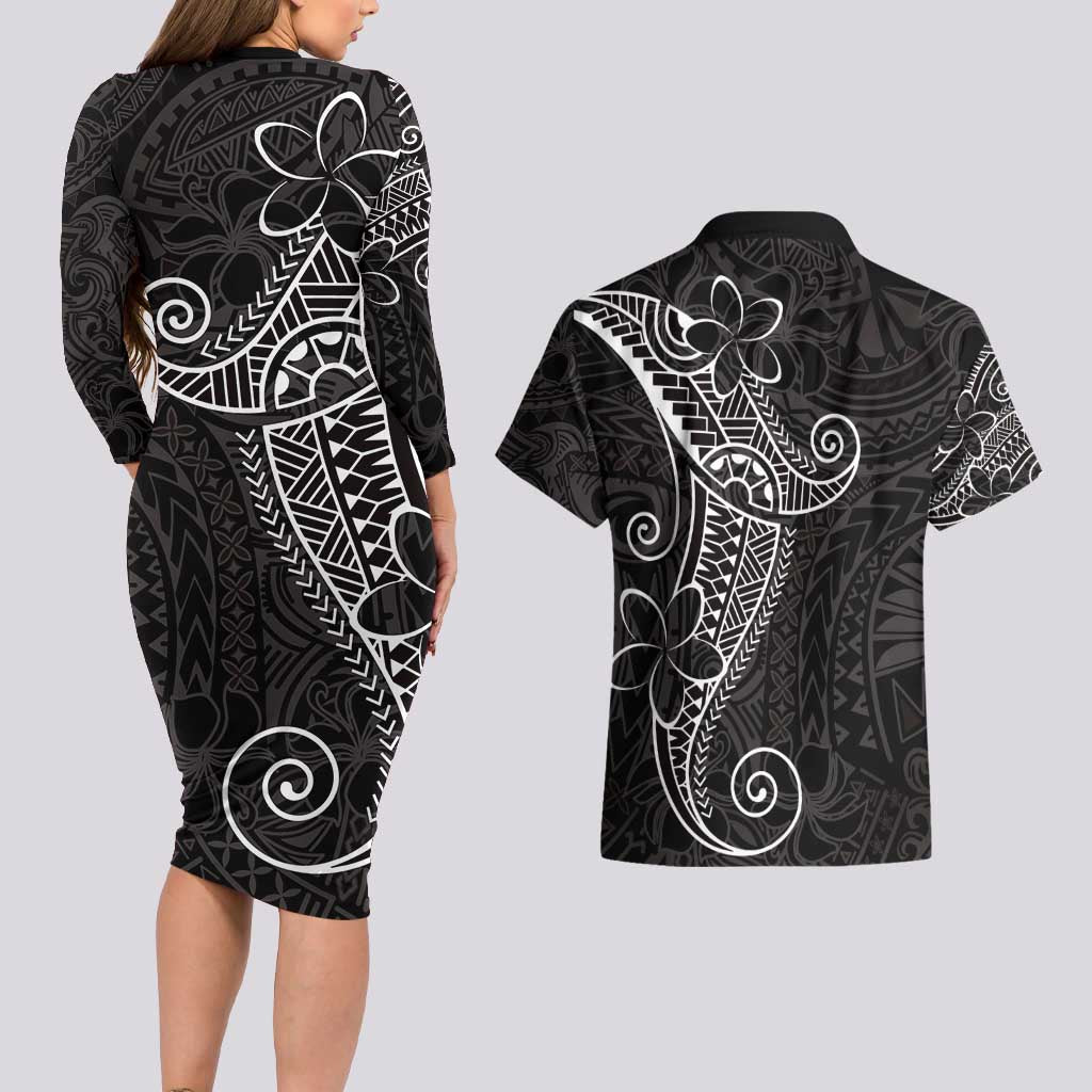 Black White Polynesian Tribal Couples Matching Long Sleeve Bodycon Dress and Hawaiian Shirt - Polynesian Pride