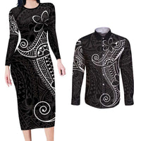 Black White Polynesian Tribal Couples Matching Long Sleeve Bodycon Dress and Long Sleeve Button Shirt - Polynesian Pride