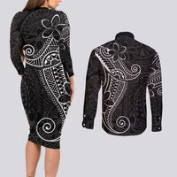Black White Polynesian Tribal Couples Matching Long Sleeve Bodycon Dress and Long Sleeve Button Shirt - Polynesian Pride