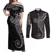 Black White Polynesian Tribal Couples Matching Off Shoulder Maxi Dress and Long Sleeve Button Shirt - Polynesian Pride