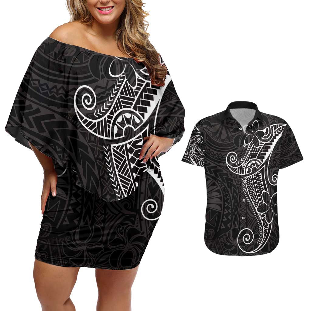 Black White Polynesian Tribal Couples Matching Off Shoulder Short Dress and Hawaiian Shirt - Polynesian Pride