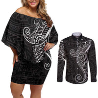 Black White Polynesian Tribal Couples Matching Off Shoulder Short Dress and Long Sleeve Button Shirt - Polynesian Pride