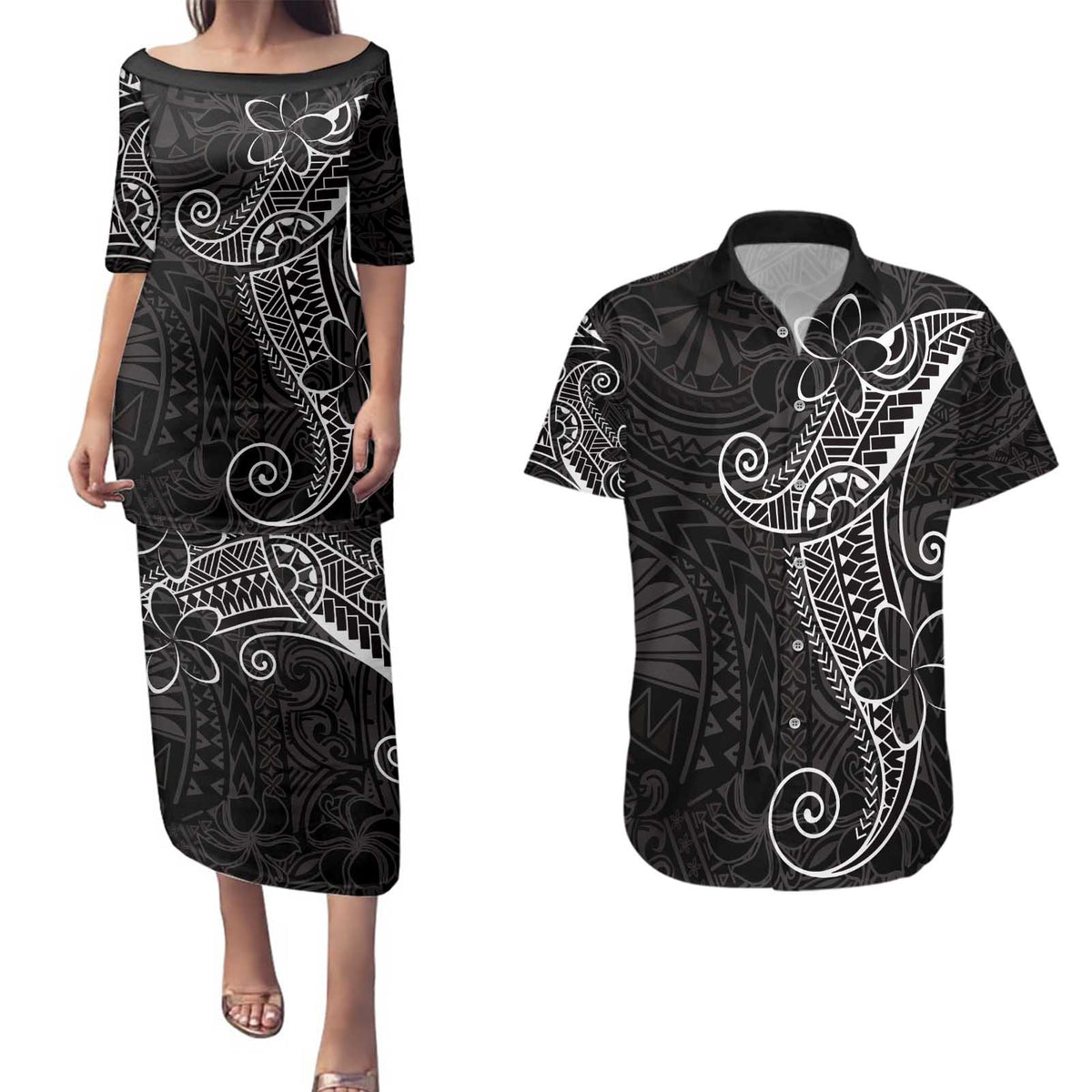Black White Polynesian Tribal Couples Matching Puletasi and Hawaiian Shirt - Polynesian Pride