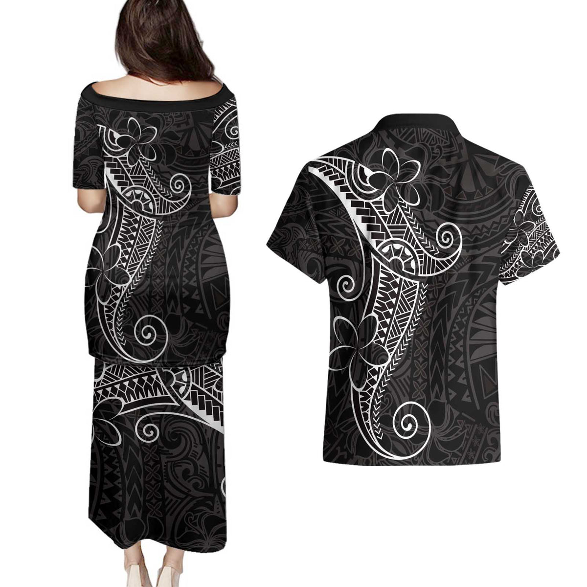 Black White Polynesian Tribal Couples Matching Puletasi and Hawaiian Shirt - Polynesian Pride