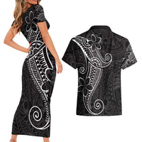 Black White Polynesian Tribal Couples Matching Short Sleeve Bodycon Dress and Hawaiian Shirt - Polynesian Pride