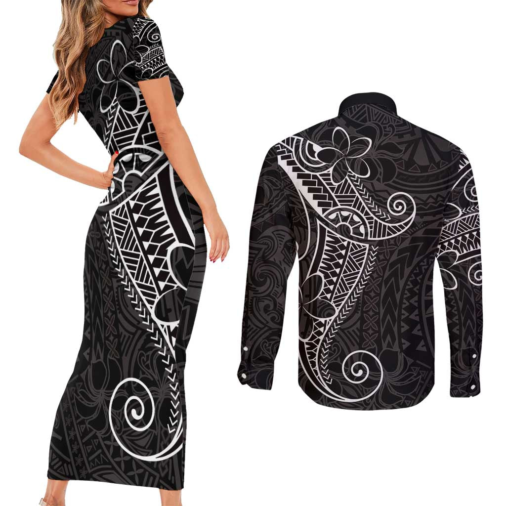 Black White Polynesian Tribal Couples Matching Short Sleeve Bodycon Dress and Long Sleeve Button Shirt - Polynesian Pride