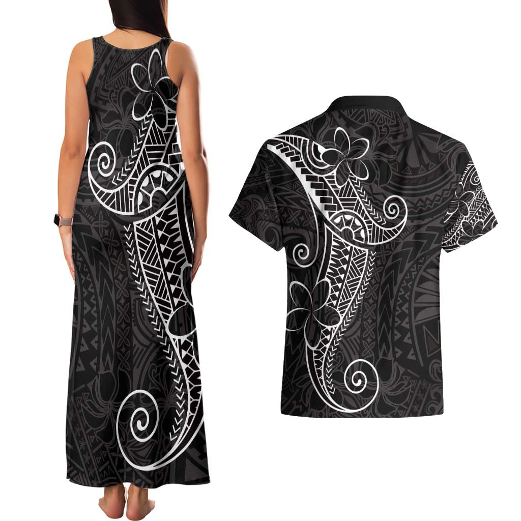 Black White Polynesian Tribal Couples Matching Tank Maxi Dress and Hawaiian Shirt - Polynesian Pride