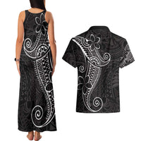 Black White Polynesian Tribal Couples Matching Tank Maxi Dress and Hawaiian Shirt - Polynesian Pride