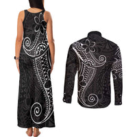 Black White Polynesian Tribal Couples Matching Tank Maxi Dress and Long Sleeve Button Shirt - Polynesian Pride
