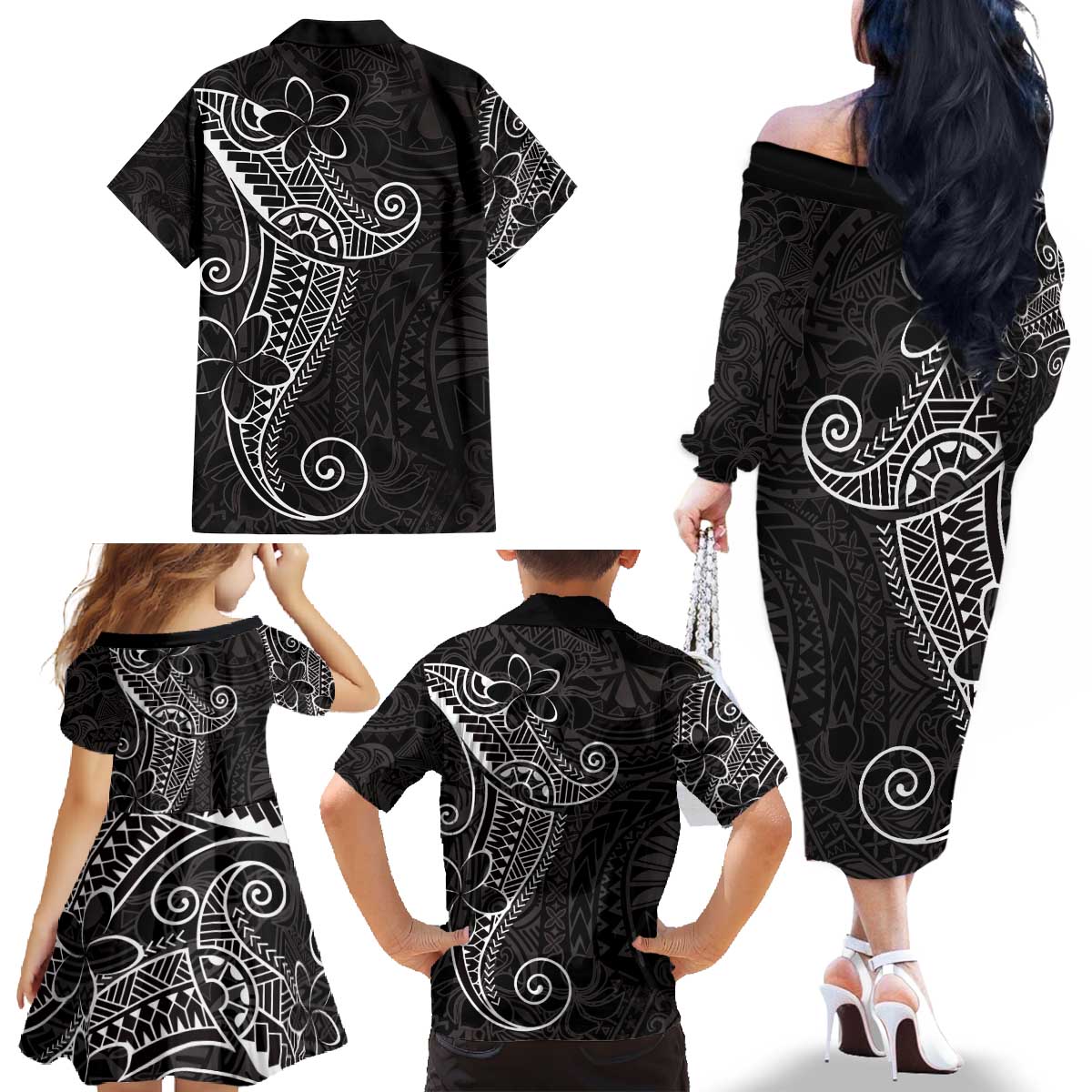 Black White Polynesian Tribal Family Matching Off The Shoulder Long Sleeve Dress and Hawaiian Shirt - Polynesian Pride