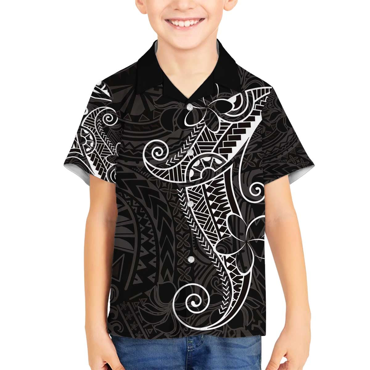 Black White Polynesian Tribal Family Matching Off The Shoulder Long Sleeve Dress and Hawaiian Shirt - Polynesian Pride