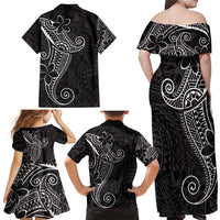 Black White Polynesian Tribal Family Matching Off Shoulder Maxi Dress and Hawaiian Shirt - Polynesian Pride