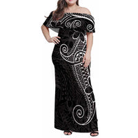Black White Polynesian Tribal Family Matching Off Shoulder Maxi Dress and Hawaiian Shirt - Polynesian Pride