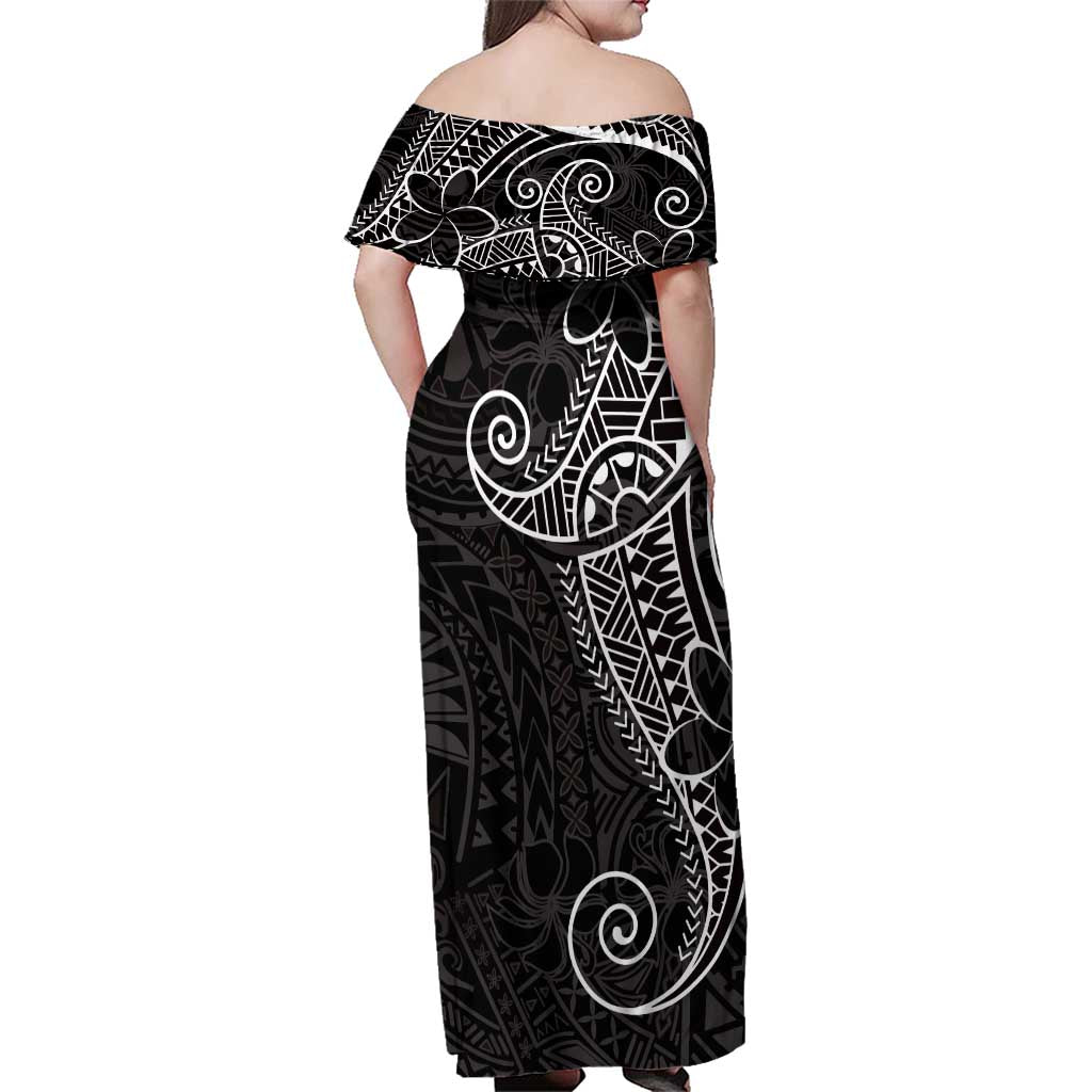 Black White Polynesian Tribal Family Matching Off Shoulder Maxi Dress and Hawaiian Shirt - Polynesian Pride