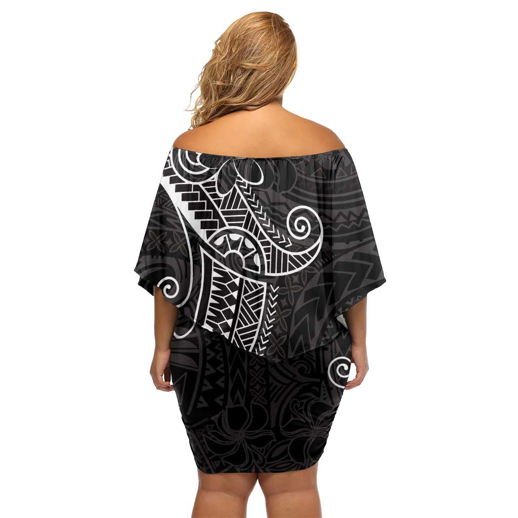 Black White Polynesian Tribal Family Matching Off Shoulder Short Dress and Hawaiian Shirt - Polynesian Pride