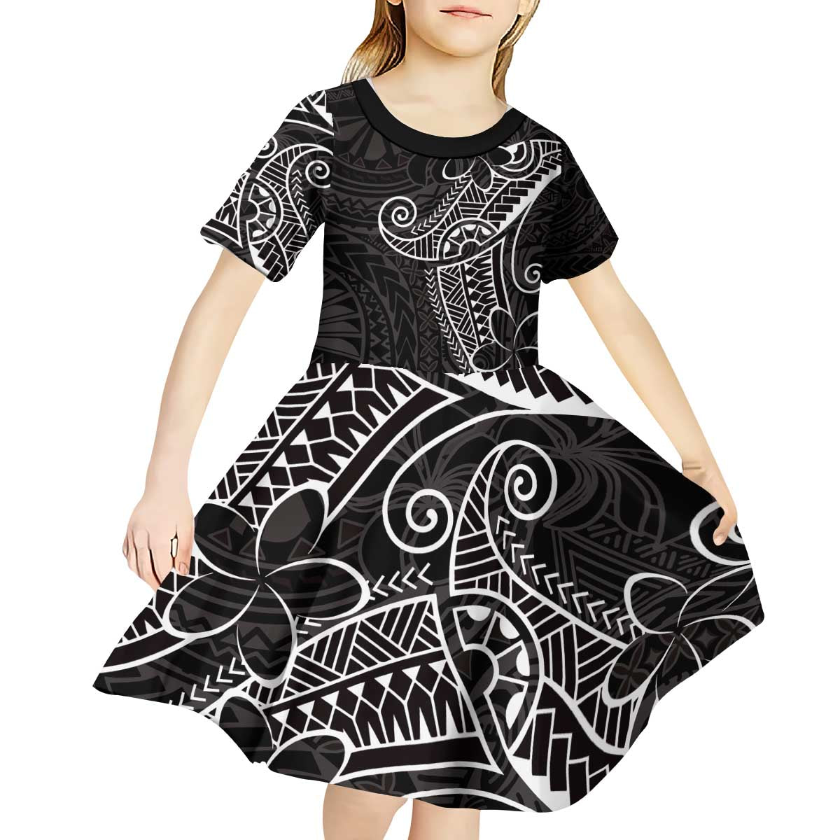 Black White Polynesian Tribal Kid Short Sleeve Dress - Polynesian Pride