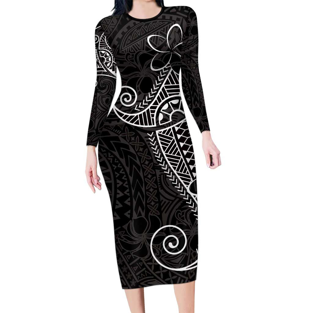 Black White Polynesian Tribal Long Sleeve Bodycon Dress - Polynesian Pride