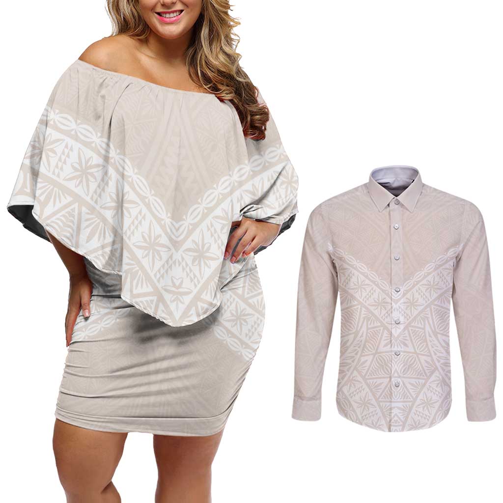Lotu Tamaiti Tongan Polynesian Art Pattern Couples Matching Off Shoulder Short Dress and Long Sleeve Button Shirt Traditional Tribal Motifs - Polynesian Pride