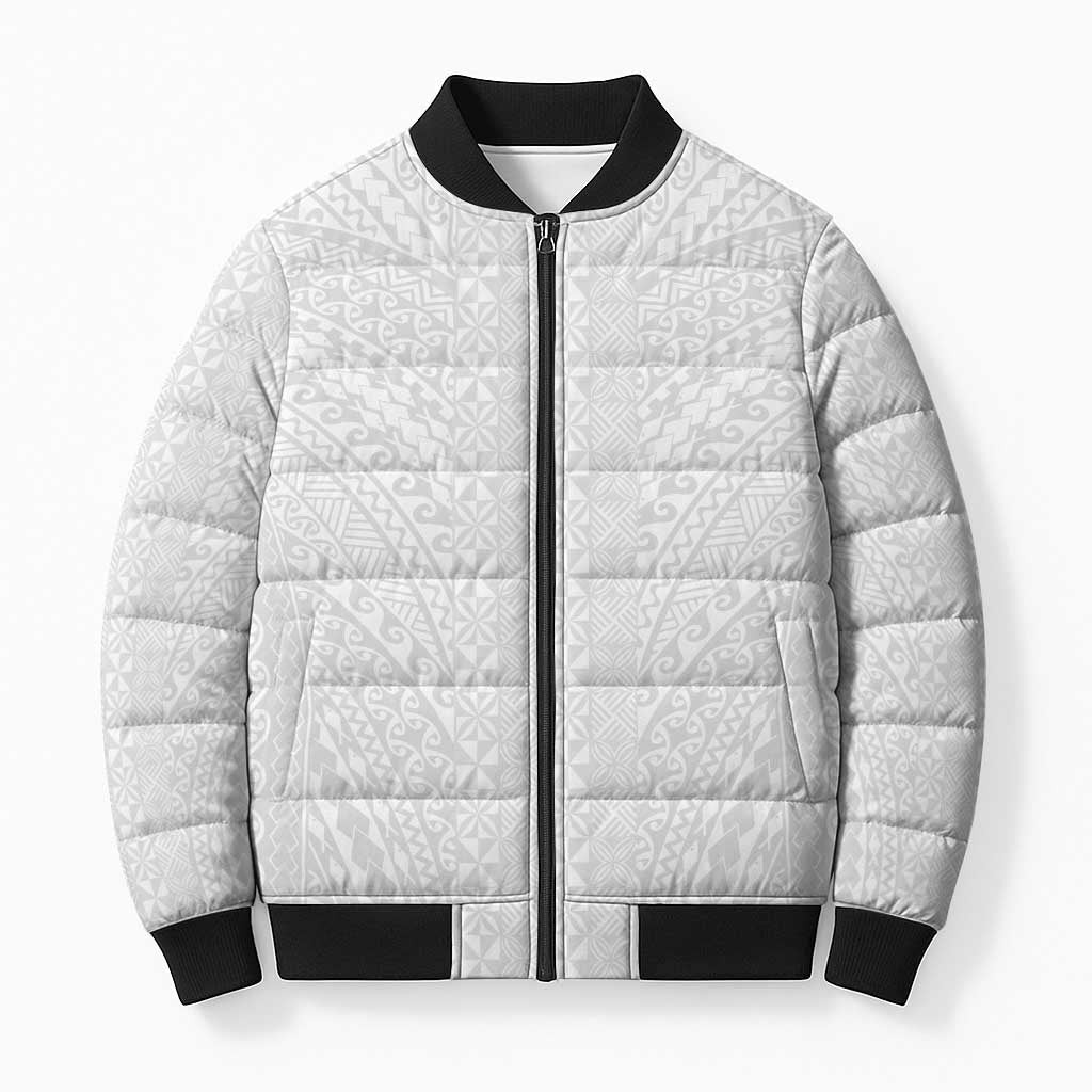 Lotu Tamaiti White Tongan Ngatu Bomber Puffer Jacket Polynesian Tribal Fonulei Pattern LT9 Unisex White - Polynesian Pride
