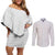 Lotu Tamaiti White Tongan Ngatu Couples Matching Off Shoulder Short Dress and Long Sleeve Button Shirt Polynesian Tribal Fonulei Pattern - Polynesian Pride