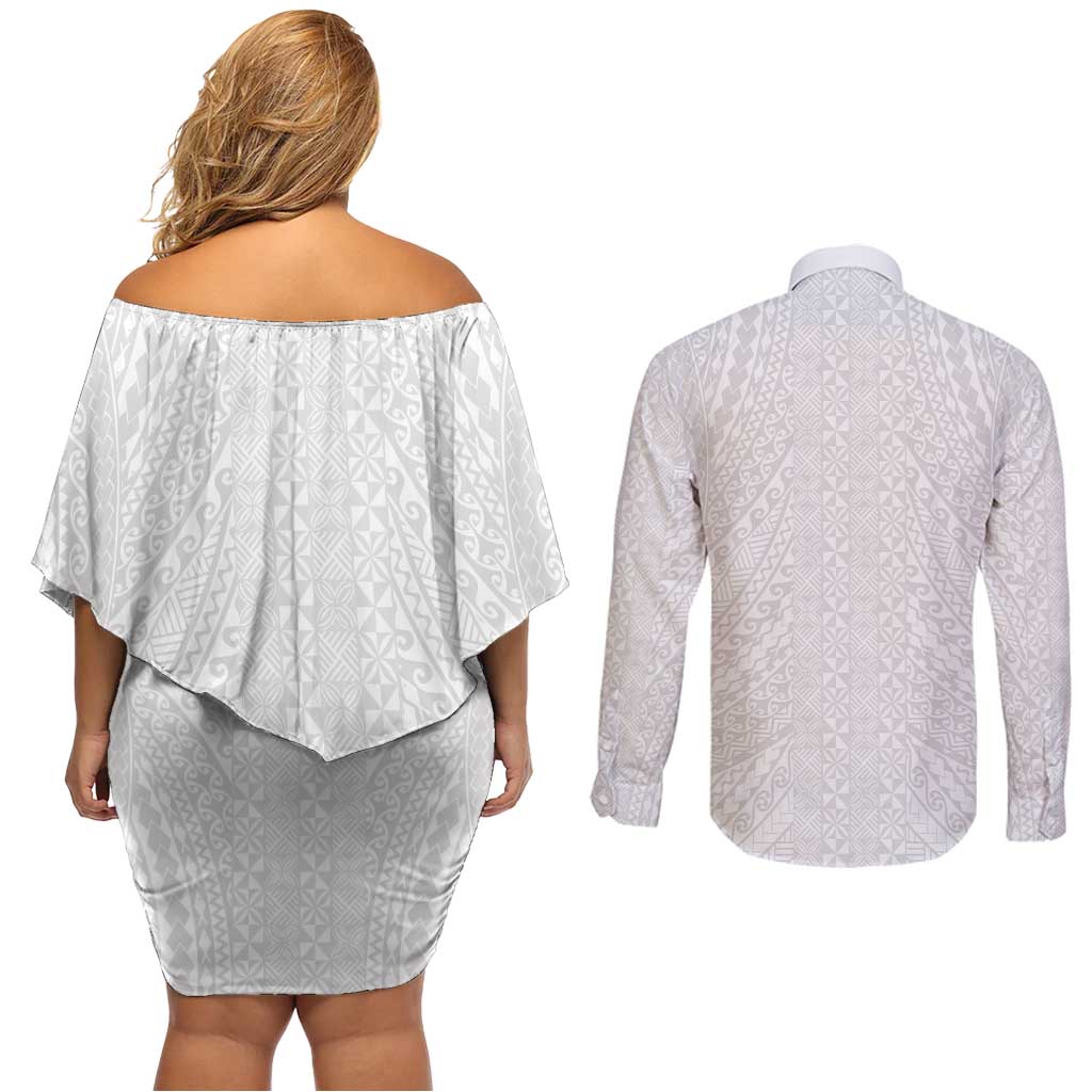 Lotu Tamaiti White Tongan Ngatu Couples Matching Off Shoulder Short Dress and Long Sleeve Button Shirt Polynesian Tribal Fonulei Pattern - Polynesian Pride