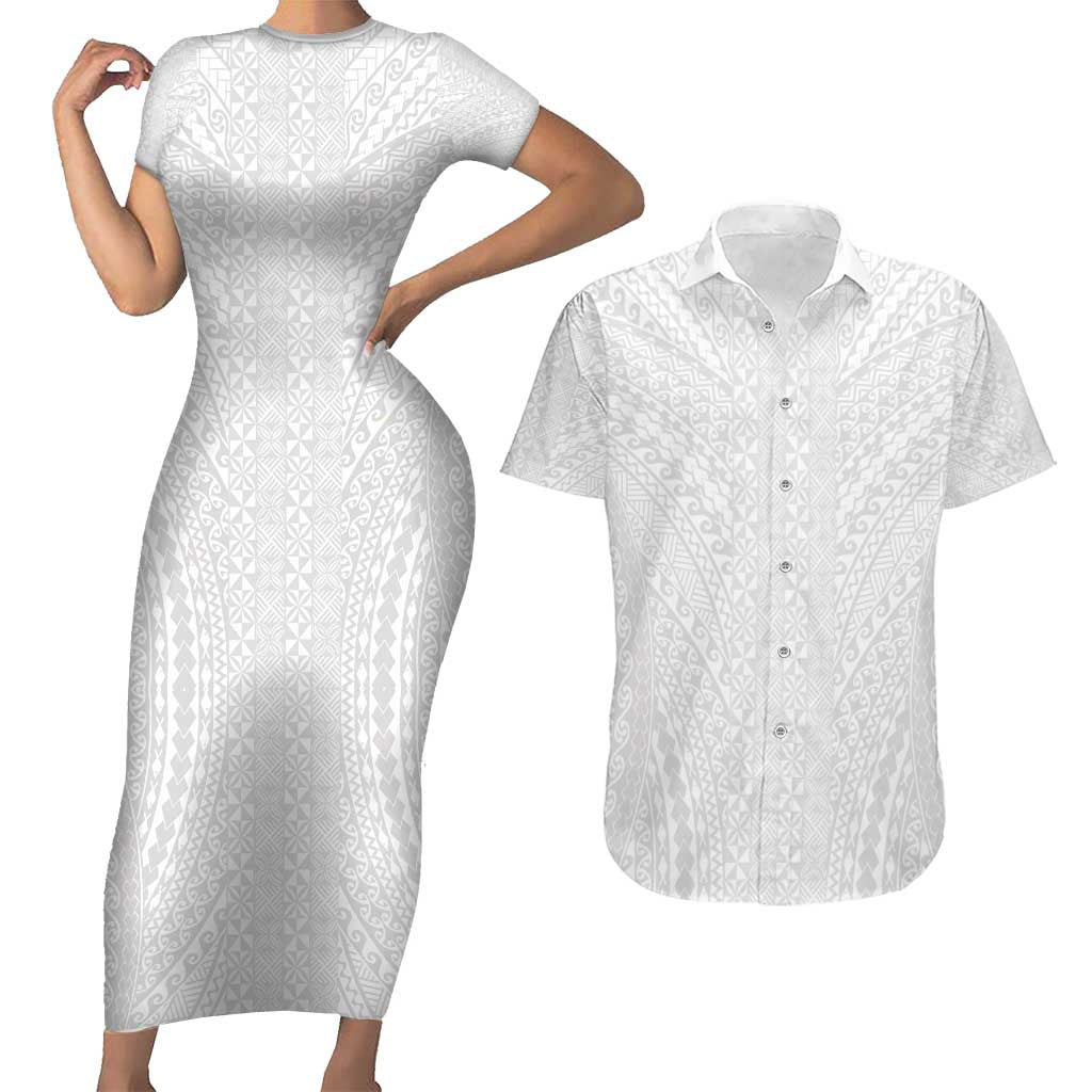 Lotu Tamaiti White Tongan Ngatu Couples Matching Short Sleeve Bodycon Dress and Hawaiian Shirt Polynesian Tribal Fonulei Pattern - Polynesian Pride