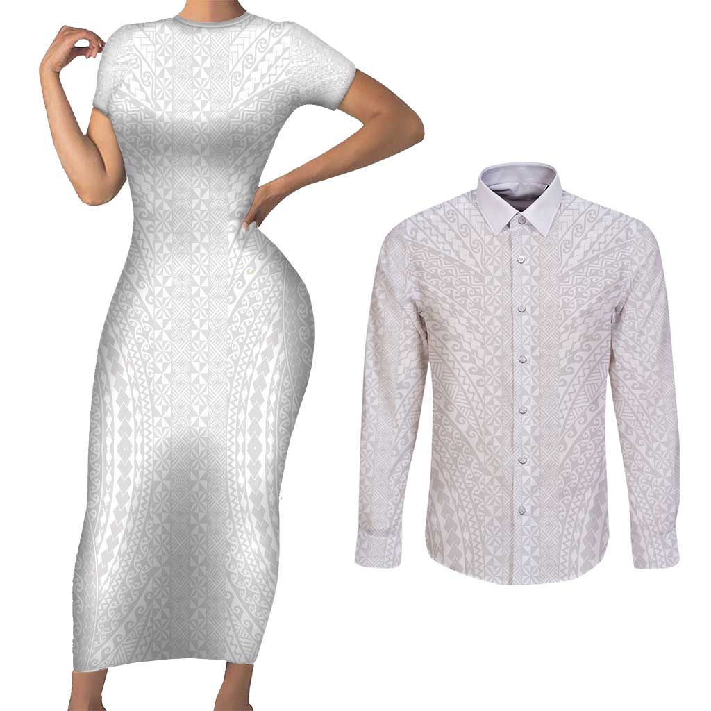 Lotu Tamaiti White Tongan Ngatu Couples Matching Short Sleeve Bodycon Dress and Long Sleeve Button Shirt Polynesian Tribal Fonulei Pattern - Polynesian Pride