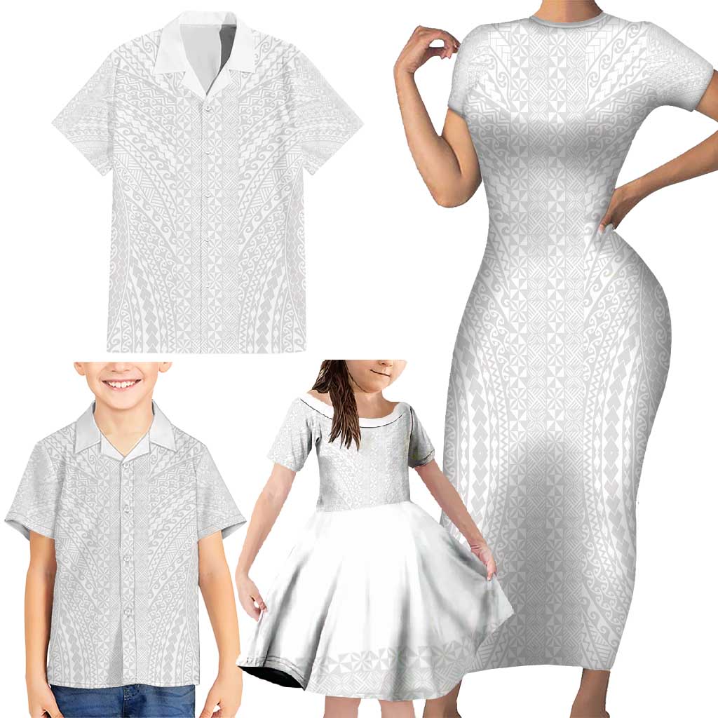 Lotu Tamaiti White Tongan Ngatu Family Matching Short Sleeve Bodycon Dress and Hawaiian Shirt Polynesian Tribal Fonulei Pattern - Polynesian Pride