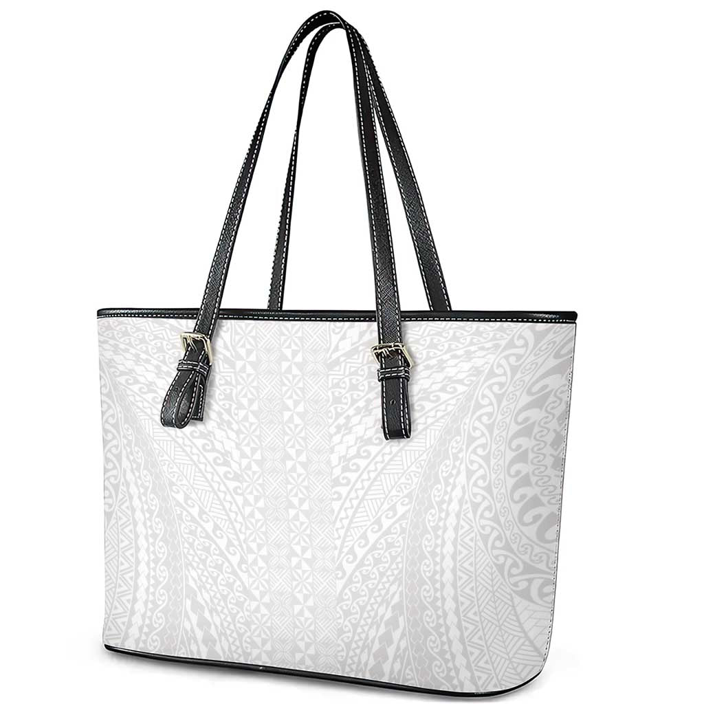 Lotu Tamaiti White Tongan Ngatu Leather Tote Bag Polynesian Tribal Fonulei Pattern - Polynesian Pride