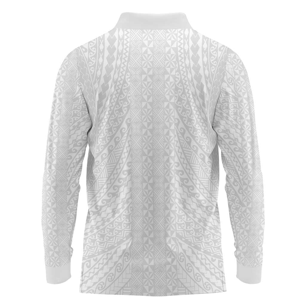 Lotu Tamaiti White Tongan Ngatu Long Sleeve Polo Shirt Polynesian Tribal Fonulei Pattern - Polynesian Pride