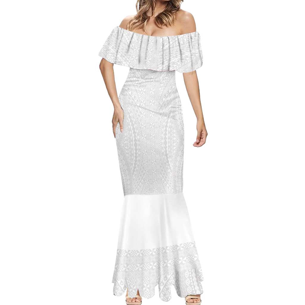 Lotu Tamaiti White Tongan Ngatu Mermaid Dress Polynesian Tribal Fonulei Pattern - Polynesian Pride