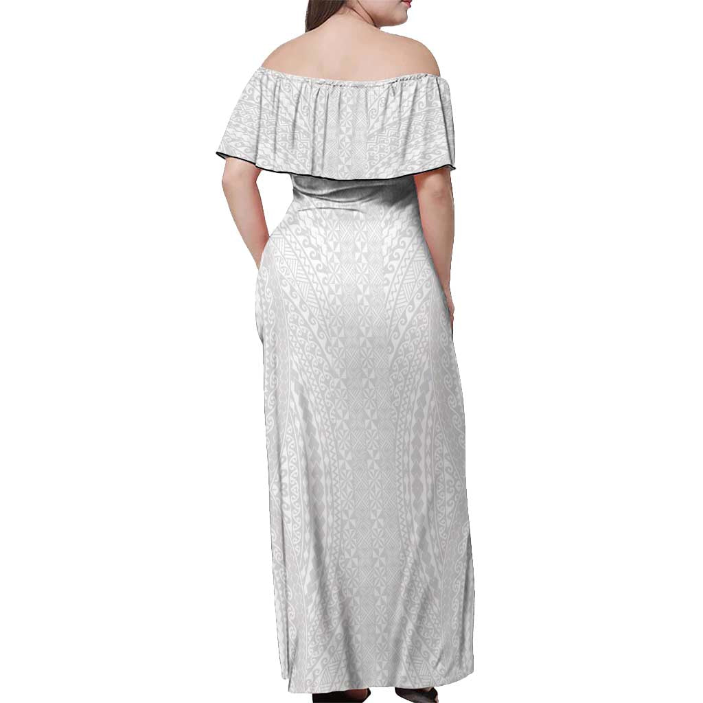 Lotu Tamaiti White Tongan Ngatu Off Shoulder Maxi Dress Polynesian Tribal Fonulei Pattern - Polynesian Pride
