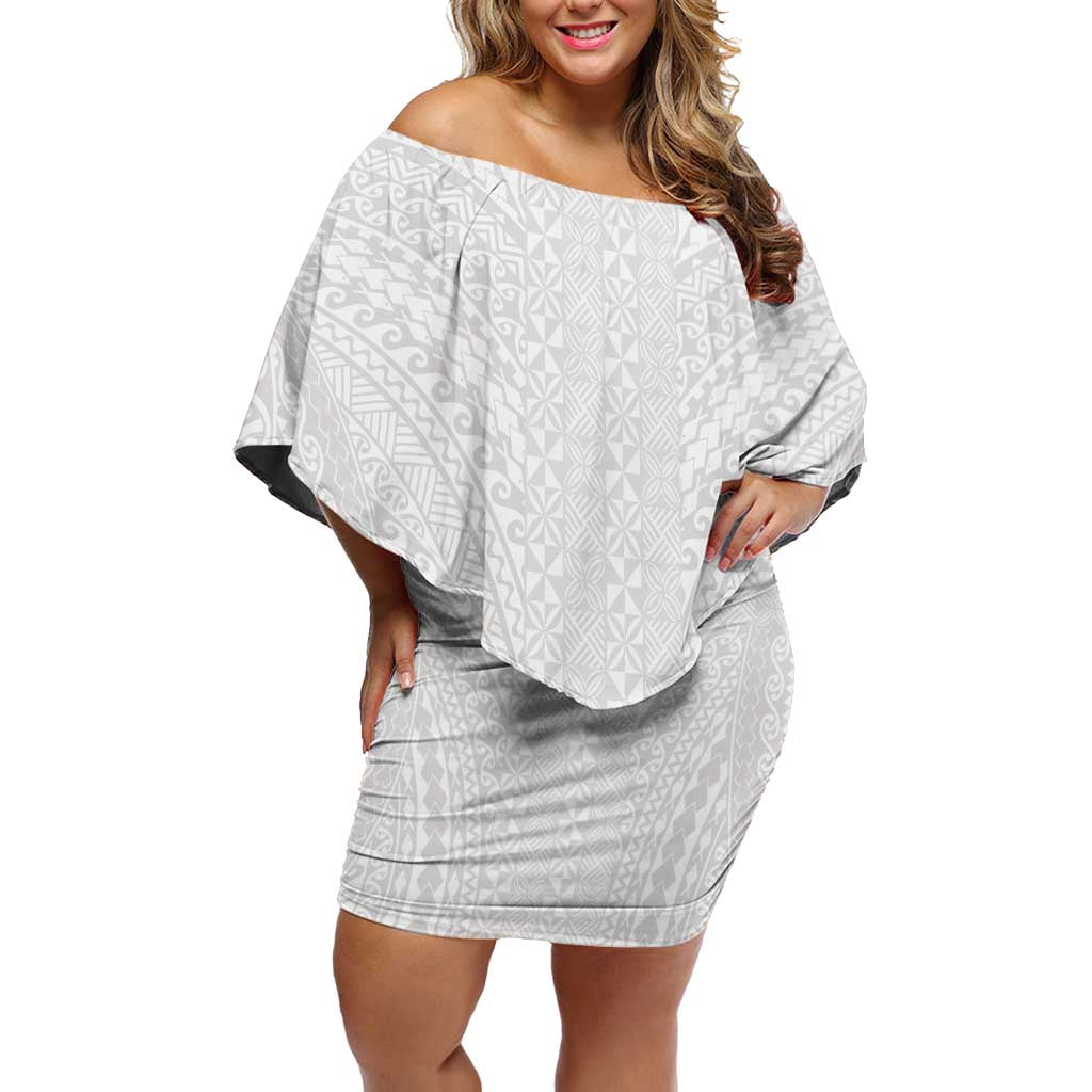 Lotu Tamaiti White Tongan Ngatu Off Shoulder Short Dress Polynesian Tribal Fonulei Pattern - Polynesian Pride