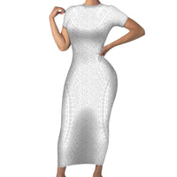 Lotu Tamaiti White Tongan Ngatu Short Sleeve Bodycon Dress Polynesian Tribal Fonulei Pattern - Polynesian Pride