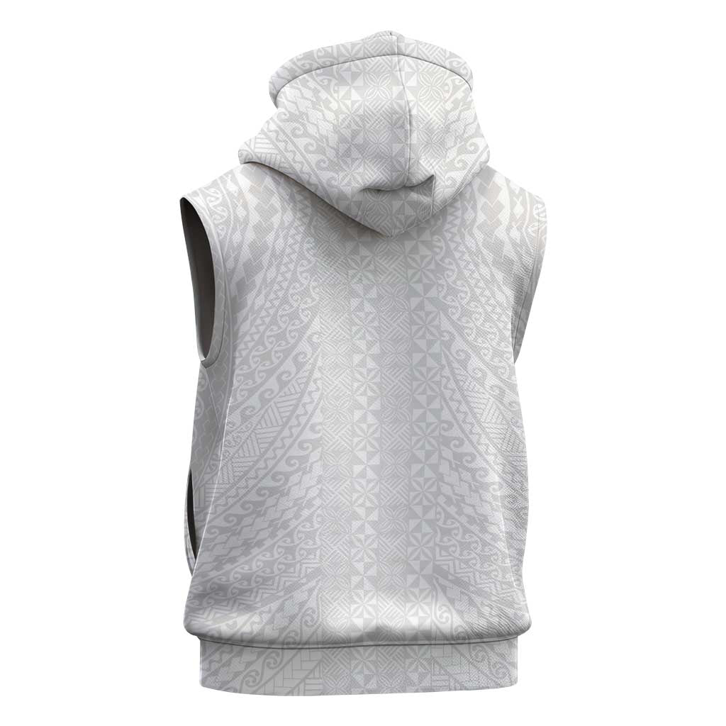 Lotu Tamaiti White Tongan Ngatu Sleeveless Hoodie Polynesian Tribal Fonulei Pattern - Polynesian Pride