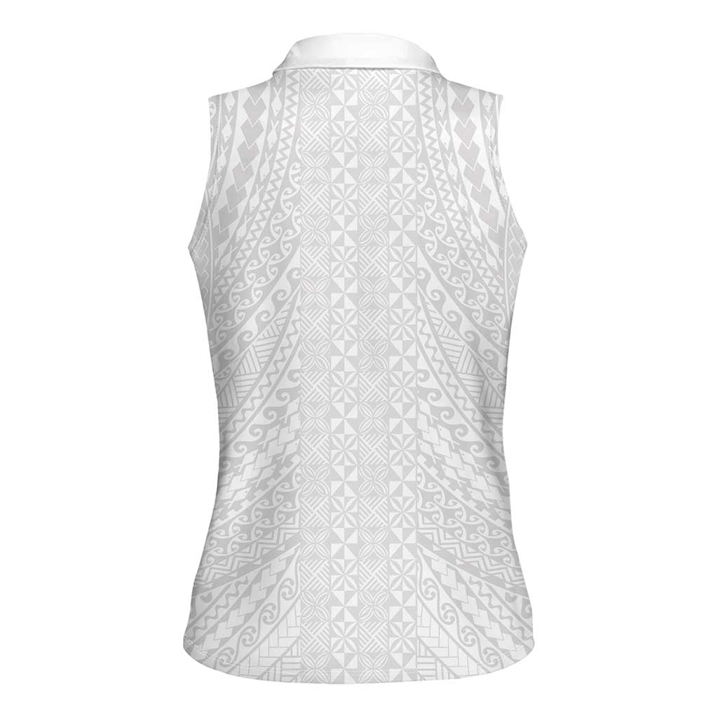 Lotu Tamaiti White Tongan Ngatu Women Sleeveless Polo Shirt Polynesian Tribal Fonulei Pattern - Polynesian Pride