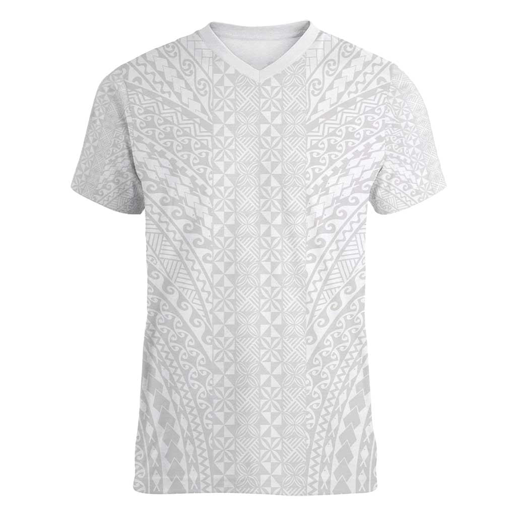 Lotu Tamaiti White Tongan Ngatu Women V-Neck T-Shirt Polynesian Tribal Fonulei Pattern - Polynesian Pride
