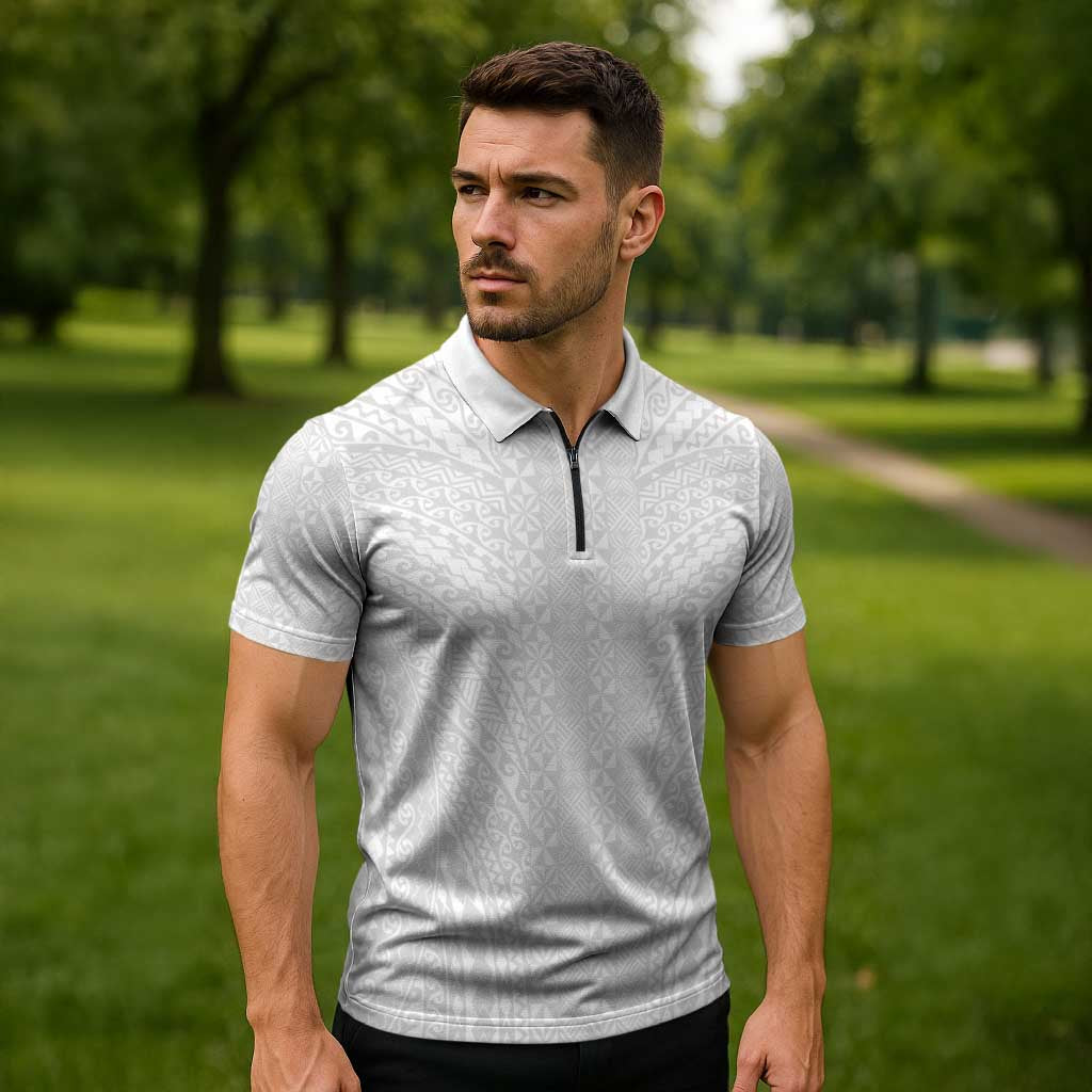 Lotu Tamaiti White Tongan Ngatu Zipper Polo Shirt Polynesian Tribal Fonulei Pattern LT9 - Polynesian Pride