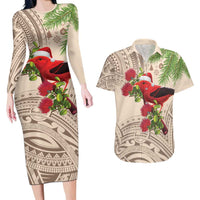 Christmas Hawaii with I'iwi Bird Couples Matching Long Sleeve Bodycon Dress and Hawaiian Shirt Aloha Mele Kalikimaka - Beige Art