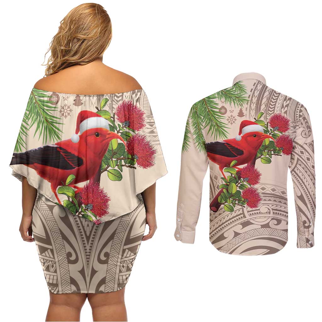 Christmas Hawaii with I'iwi Bird Couples Matching Off Shoulder Short Dress and Long Sleeve Button Shirt Aloha Mele Kalikimaka - Beige Art