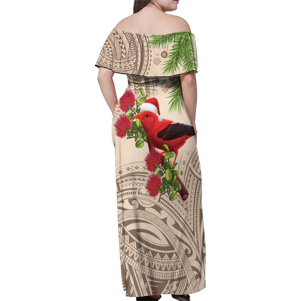 Christmas Hawaii with I'iwi Bird Family Matching Off Shoulder Maxi Dress and Hawaiian Shirt Aloha Mele Kalikimaka - Beige Art