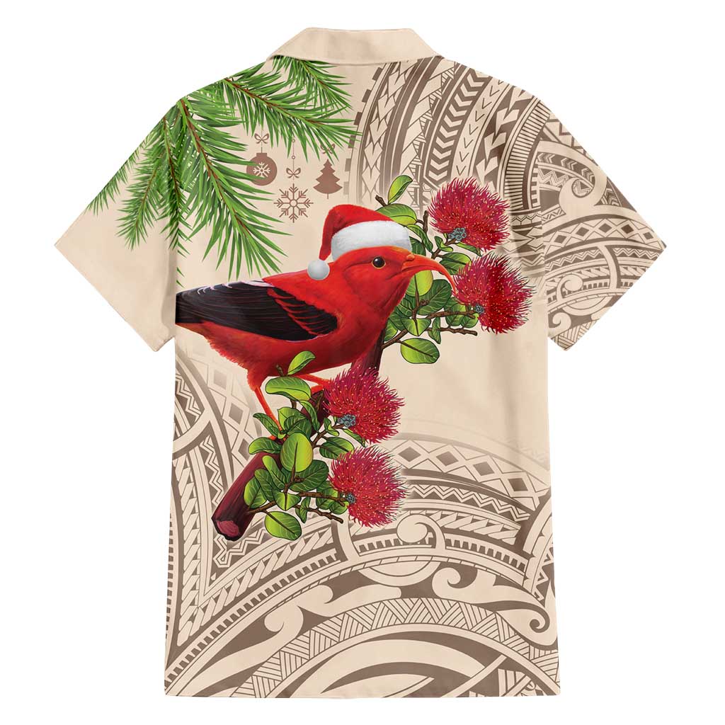 Christmas Hawaii with I'iwi Bird Family Matching Off Shoulder Short Dress and Hawaiian Shirt Aloha Mele Kalikimaka - Beige Art